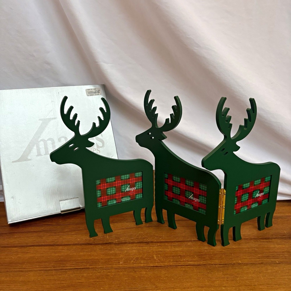 Vintage Reindeer Christmas Folding Picture Frame 3 Panel Holiday Decor 2.5x3.5"